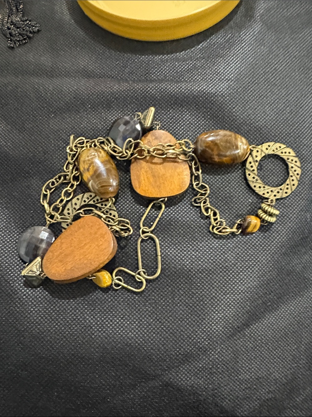 Boho Brass and Wood Statement Necklace - Brown